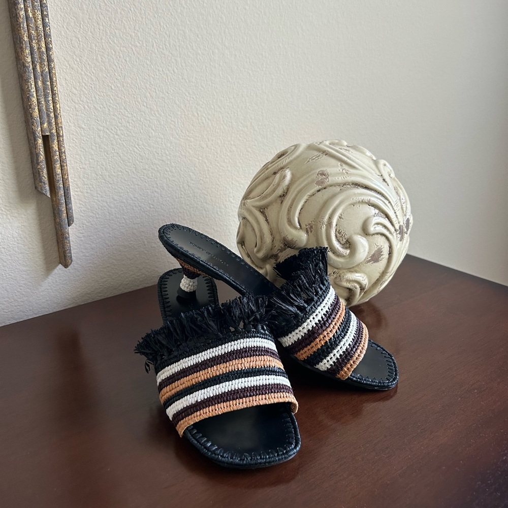 EUC Tory Burch Eleanor Square Toe Raffia Kitten Heel Striped Sandals size 6.5